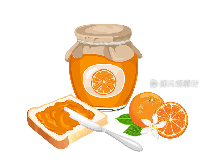 橙果酱。涂在一片烤面包上，刀，玻璃罐里的橘子酱和新鲜的柑橘类水果分离在白色的背景。矢量甜食插图在卡通平面风格。