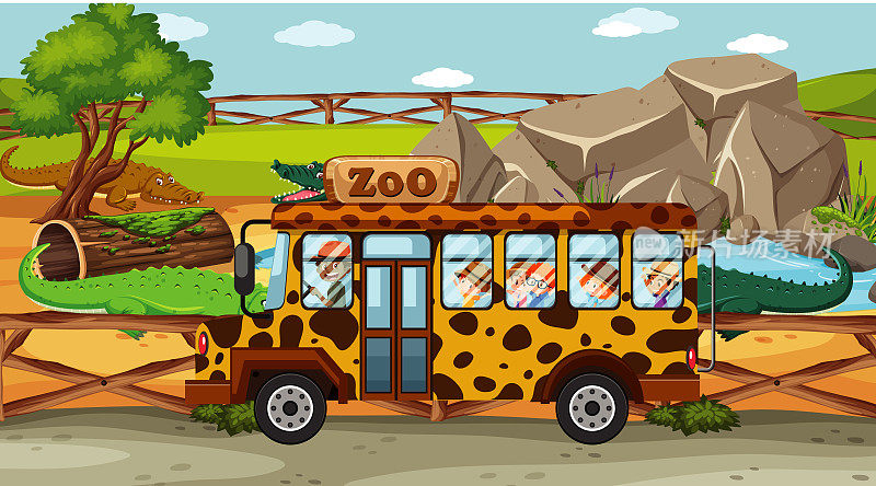 动物园的场景，孩子们在巴士上游览