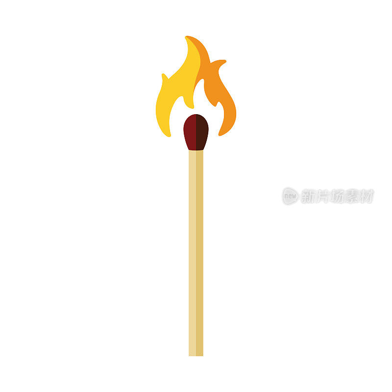 一根燃烧的彩色火柴。火柴是一种由可燃材料制成的棍子，带有一个燃烧头，用来产生明火。矢量插图孤立在白色背景的设计和网页。