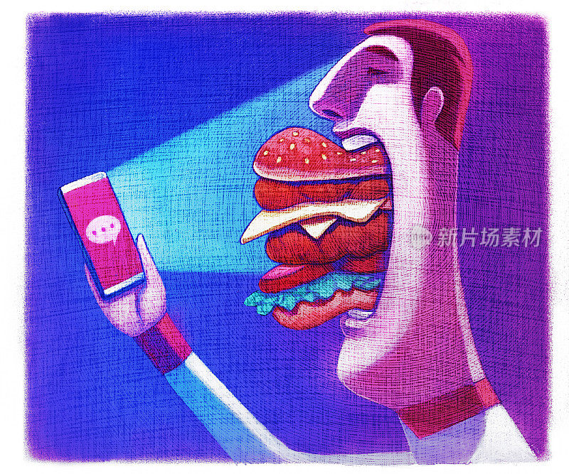 书呆子一边吃汉堡一边看智能手机