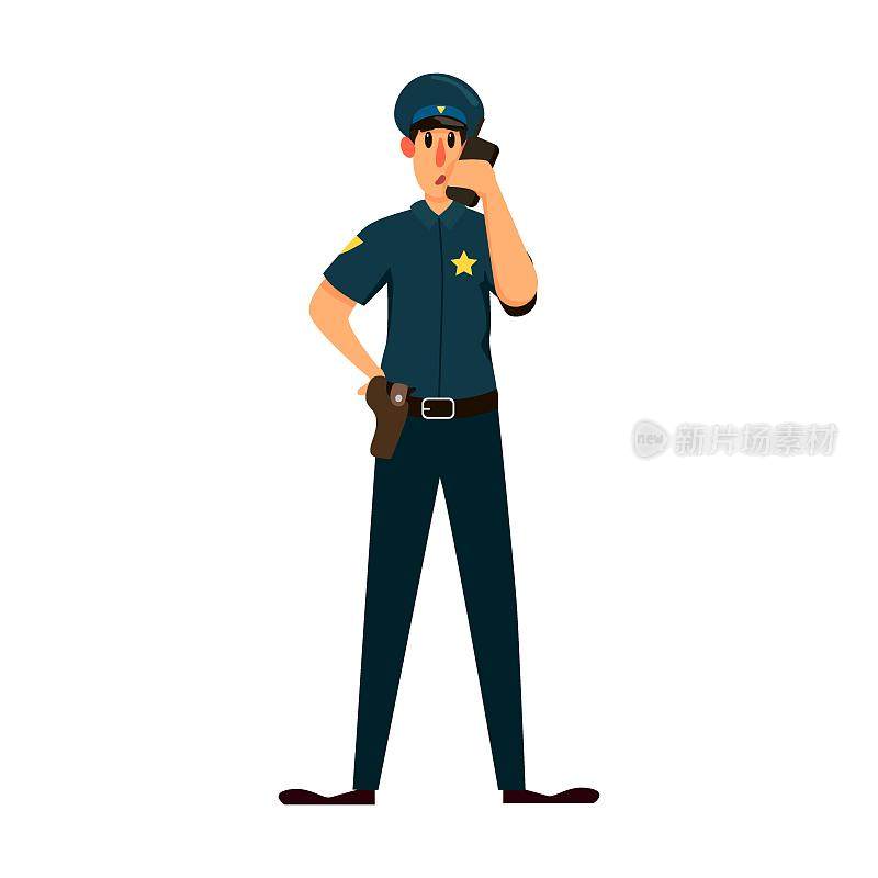 警察角色通过无线电呼叫增援。矢量插图巡逻警官在警察。卡通警察孤立在白色