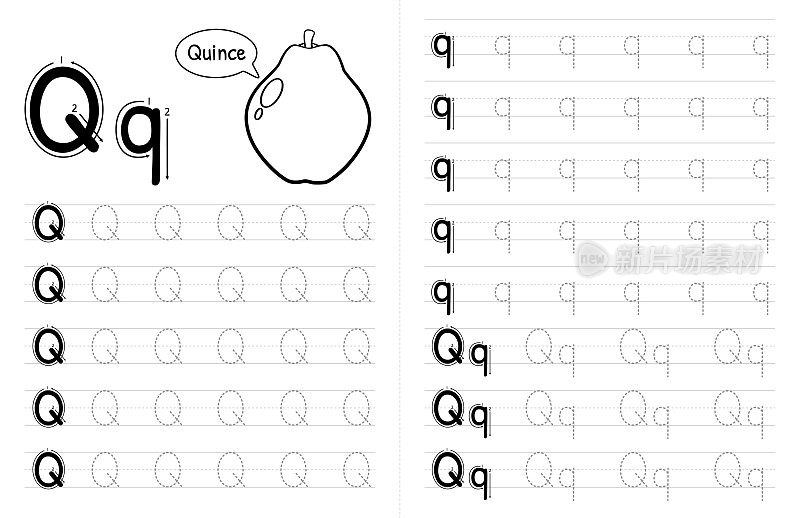 ABC字母追踪儿童书籍内部。孩子们写带有图片的作业纸。高级矢量元素字母Q。