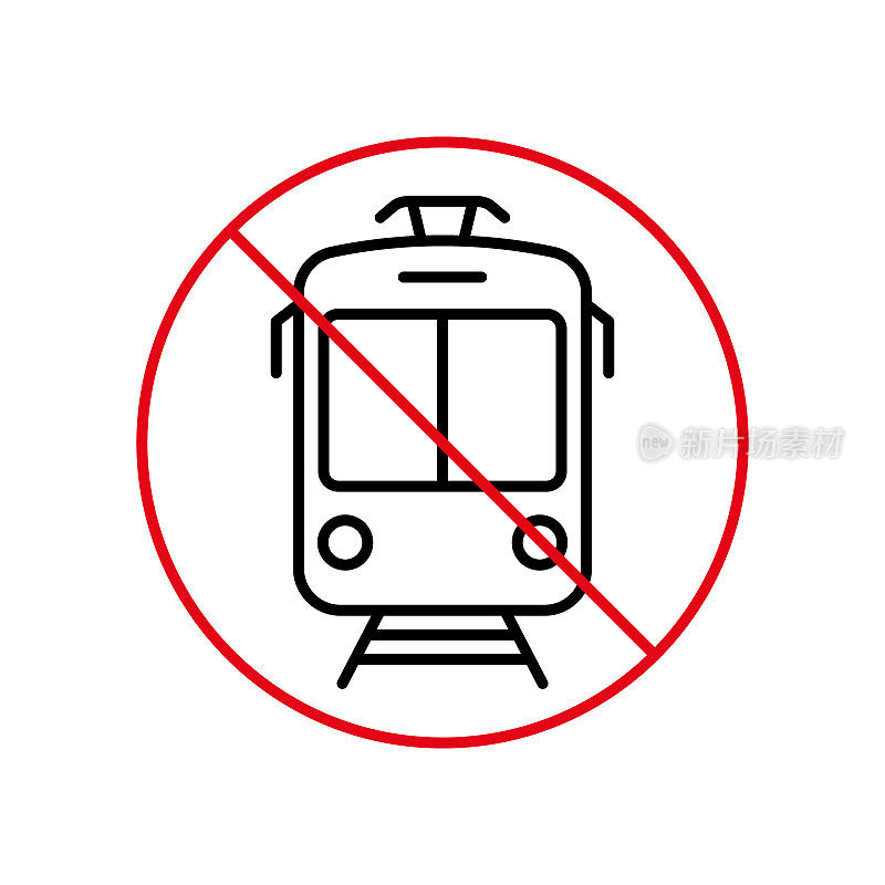 电车禁止黑线图标。有轨电车禁止轮廓象形图。电车红色停圈标志。警告禁止使用电车标志。禁止旧公共城市有轨电车。矢量图