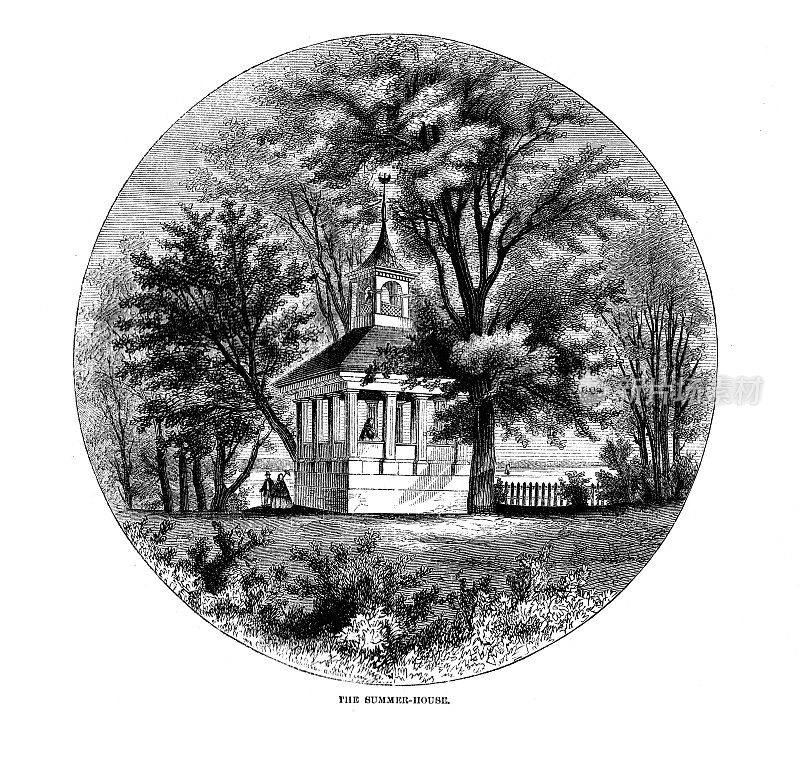 华盛顿庄园的避暑别墅;乔治·华盛顿1858年前弗农山庄园的草图;哈珀斯新月刊1858年