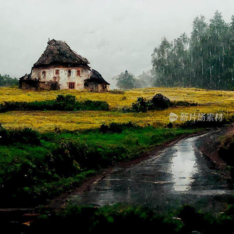 村庄的自然景观在雨天