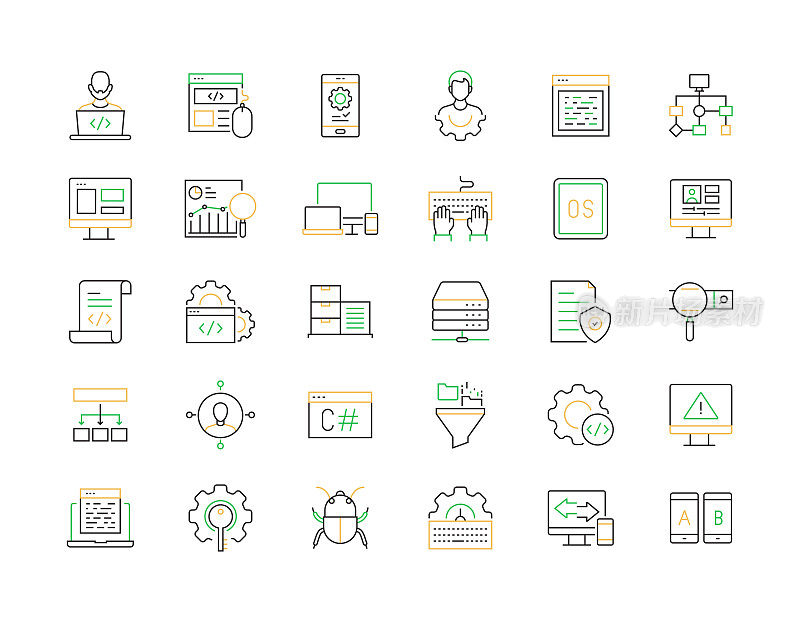 编程相关的矢量线图标。大纲符号集合