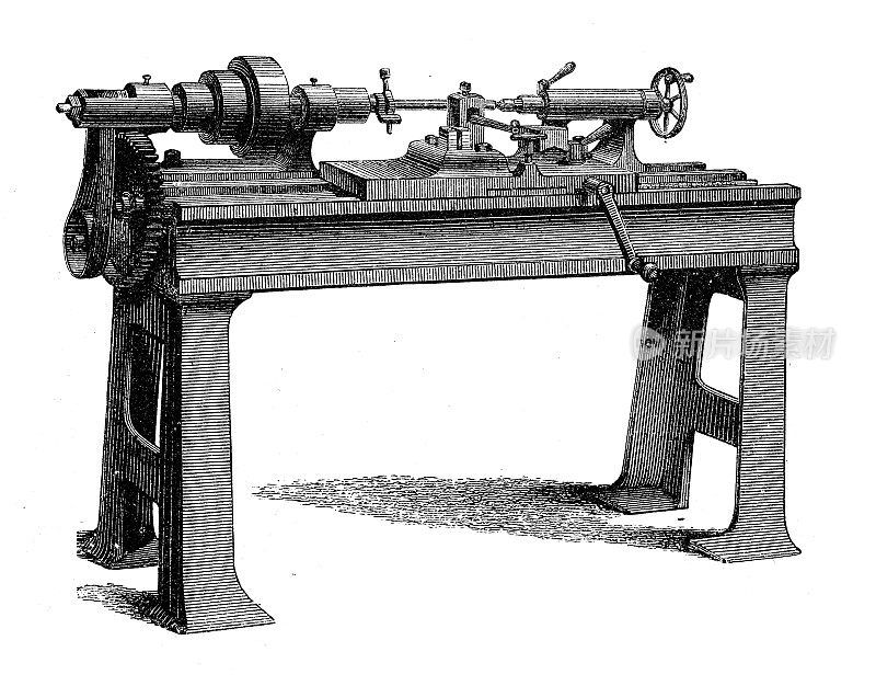 古董插图，应用机械和机器:车床车床