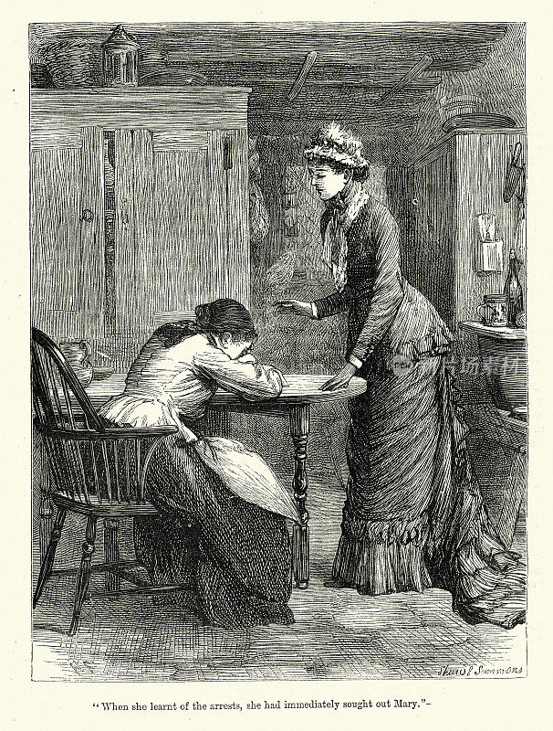 19世纪，19世纪，一个年轻的女人在安慰一个哭泣的女人，她的丈夫被逮捕了