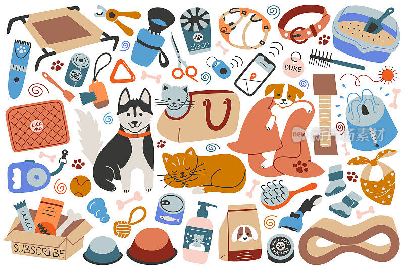 宠物店图标集，狗和猫涂鸦人物，宠物护理产品，矢量插图的家养动物的配件