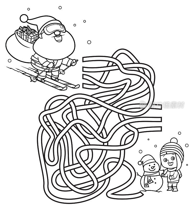 黑与白,儿童迷宫游戏。滑雪的圣诞老人和堆雪人的小女孩