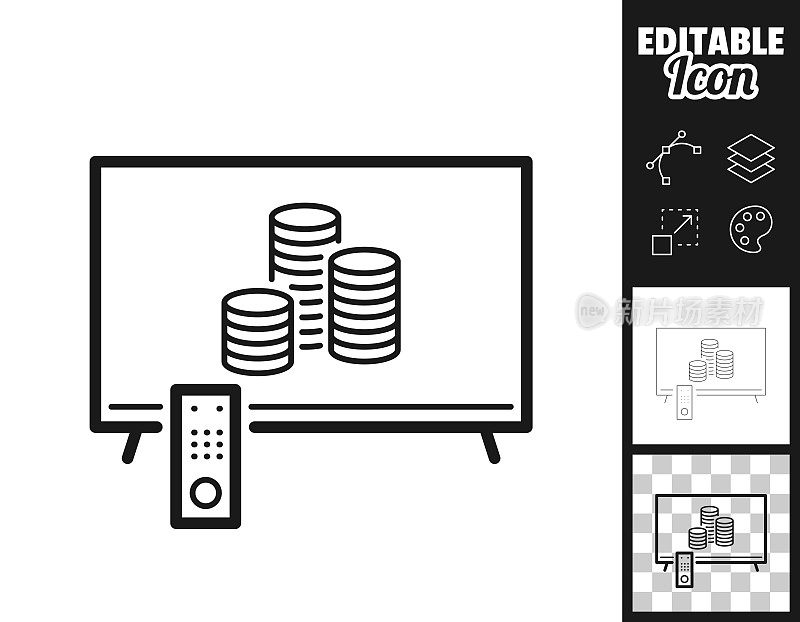 电视机上有一堆硬币。图标设计。轻松地编辑