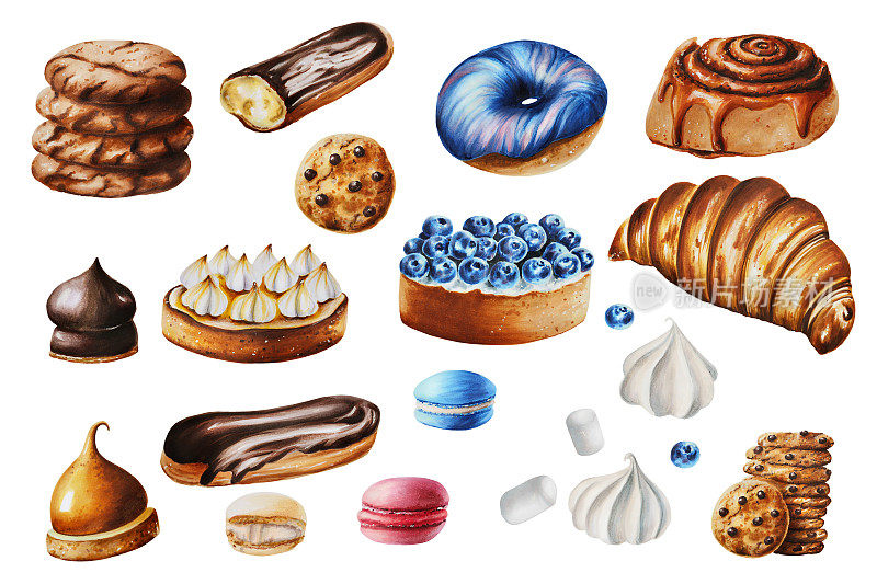 水彩画组合柠檬挞，饼干，棉花糖巧克力，蛋白酥，蓝莓挞，巧克力饼干，甜甜圈，羊角包，橘子蛋奶酥，泡芙，肉桂面包，蛋白杏仁饼干。手绘甜美的白色孤立的背景。为