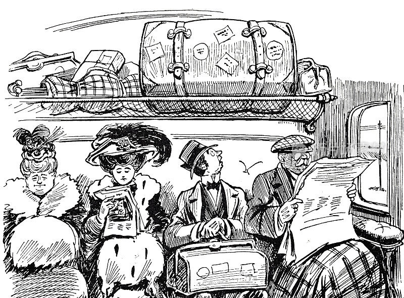 四个人，两男两女坐在火车车厢里，带着很多行李箱
