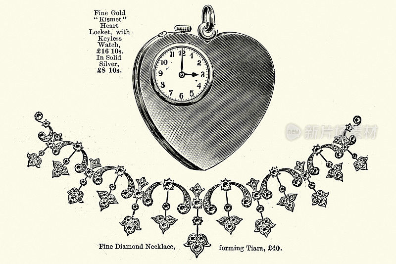 维多利亚时代晚期的珠宝，Kismet心形吊坠表，钻石项链，1890年代，19世纪
