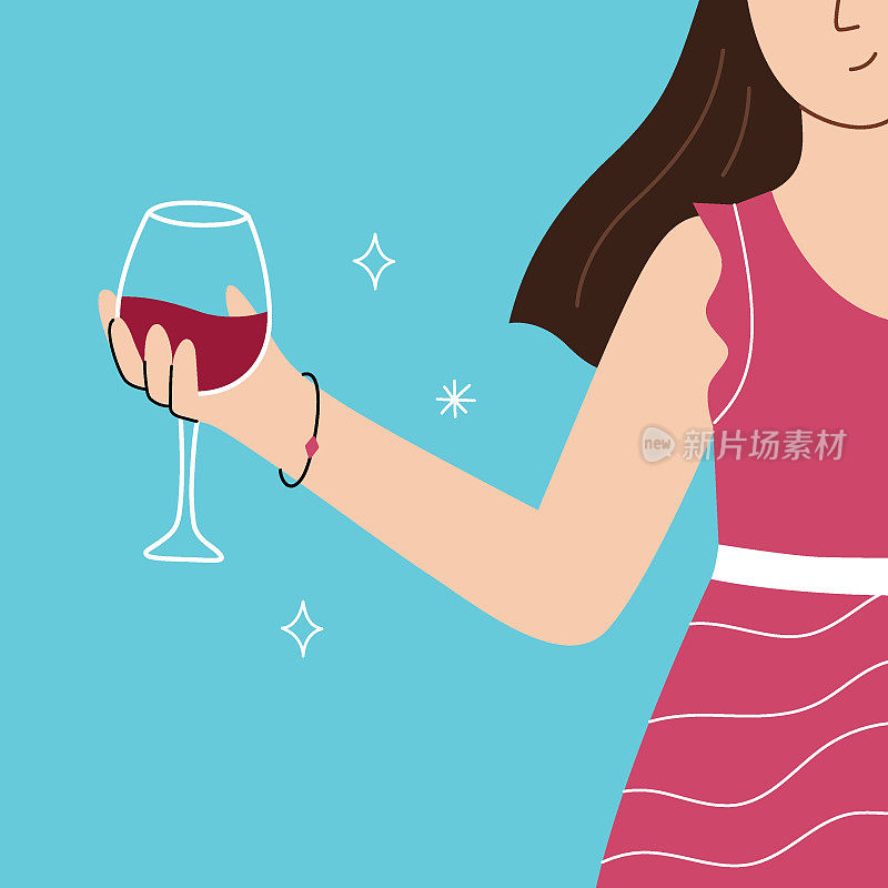 一个穿着红色裙子的可爱的年轻女子拿着一杯酒。矢量插图与享受生活和女性概念。准备打印在蓝色背景上