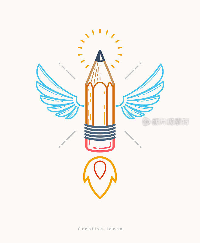 铅笔与翅膀发射像火箭启动，创意能量天才艺术家或设计师，矢量设计和创意标志或图标，艺术启动。