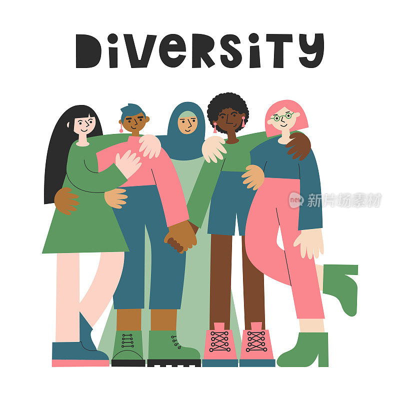 五个不同种族和宗教信仰的女人在一起拥抱。女孩的力量，多元化，包容，平等和权利的概念。国际妇女节平面矢量插图和刻字套装。