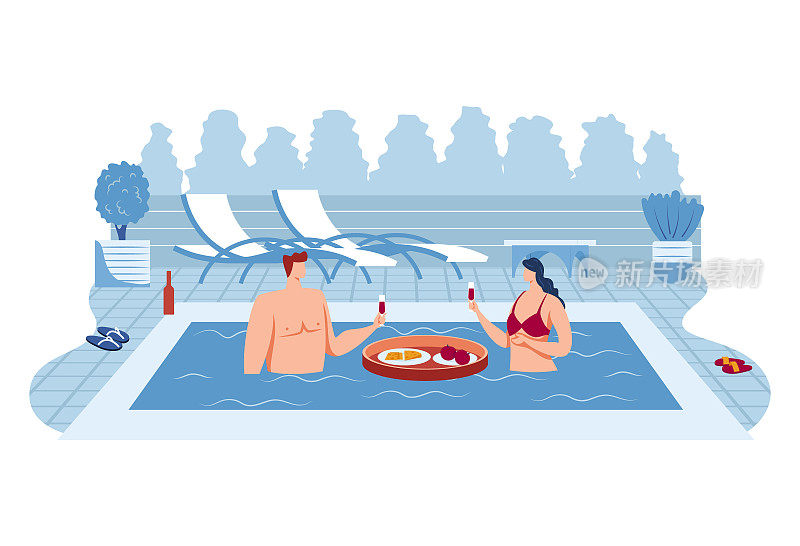 幸福的夫妇在游泳池享受饮料矢量插图。年轻人在户外游泳，轻松、有趣的生活方式。美丽的暑假
