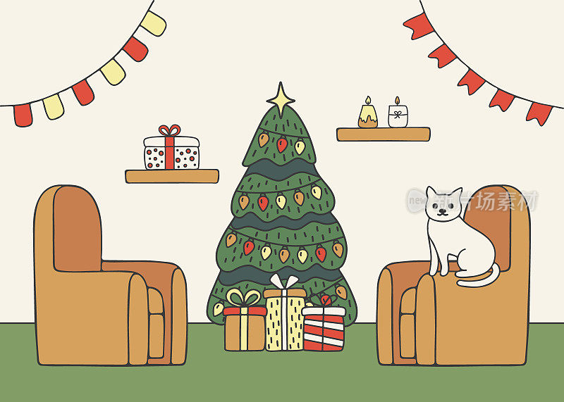 房子客厅，猫在扶手椅上，圣诞树和礼物，室内装饰圣诞假期。房子里面矗立着云杉。寒假卡片。矢量图