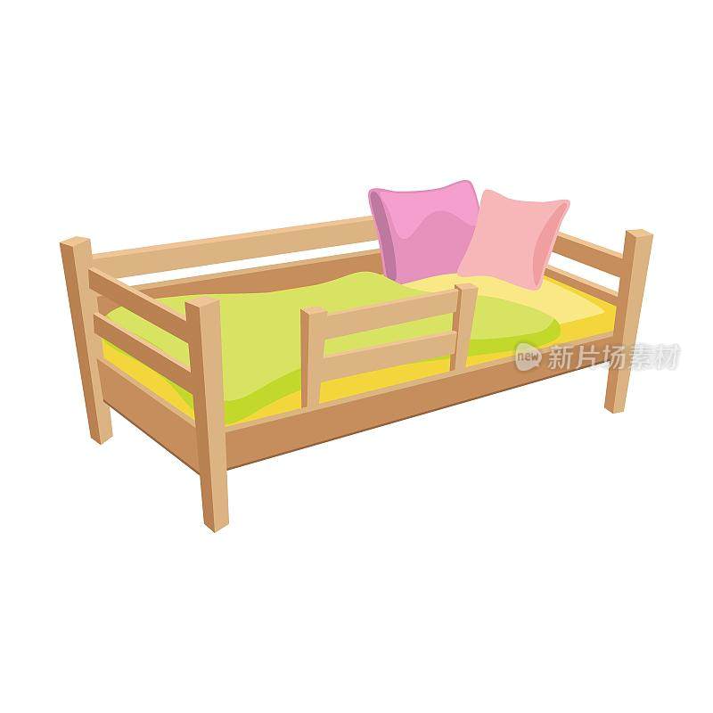 儿童木床，带枕头、床头板和毛毯。矢量插图的家具为家庭或酒店内部孤立的白色