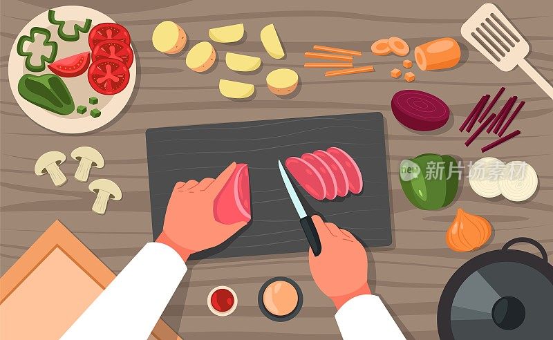 烹饪俯视图。厨师在餐桌上准备切菜，盘子和板上用卡通蔬菜切片的健康素食料理