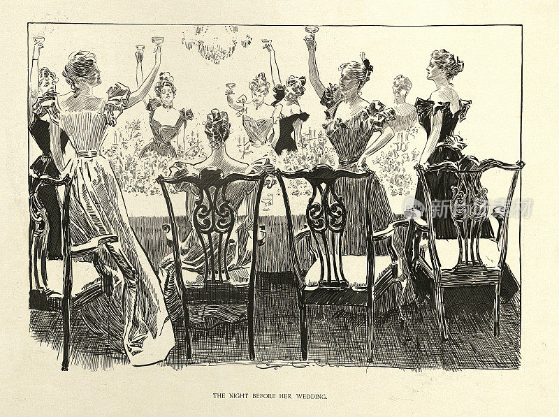婚礼前夜，向新娘敬酒，上流社会母鸡聚会，19世纪美国艺术