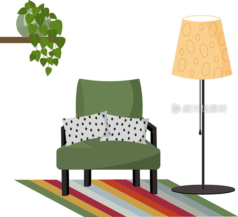室内一个舒适的角落——一把绿色扶手椅，有枕头和落地灯。有花盆的架子。矢量。