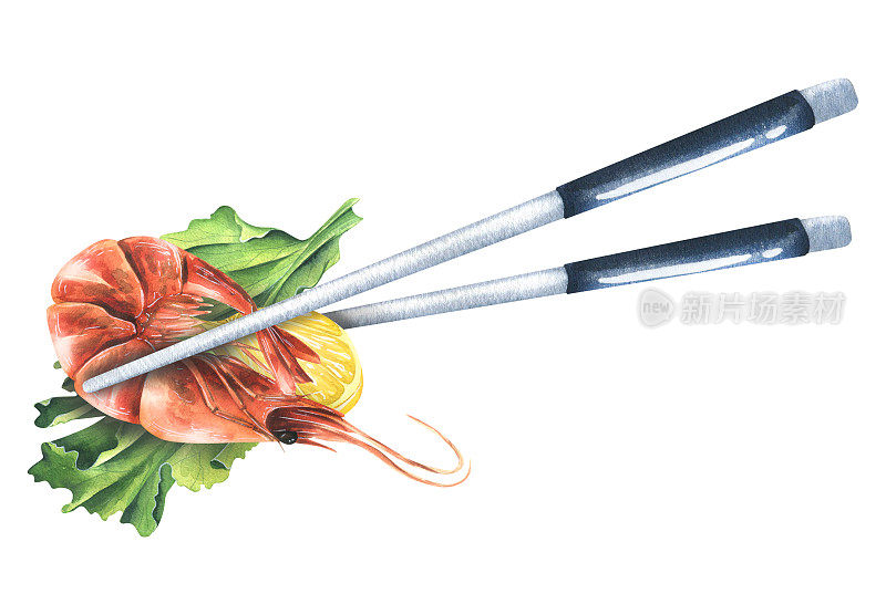 水煮虾，柠檬夹筷子。水彩插图。构图在白色背景从虾集合。用于包装、菜单、食谱、厨具的装饰设计