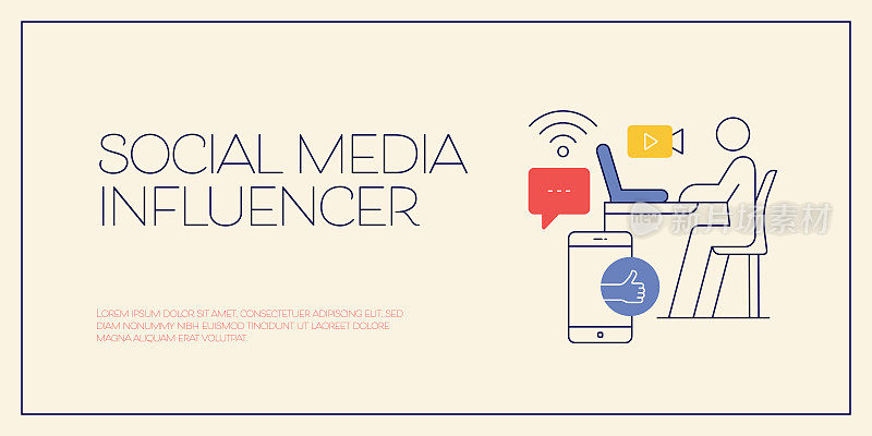 与社交媒体影响者相关的线图标设计。互联网，沟通，连接，博客，产品，营销。
