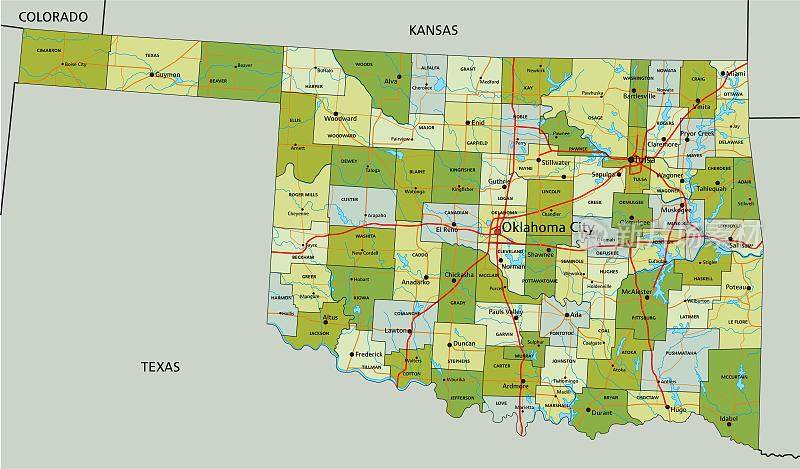 高度详细的可编辑的政治地图与分离的层。俄克拉何马州。