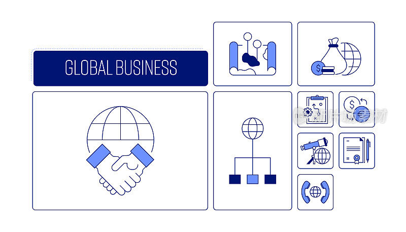全球商业相关的矢量横幅设计概念，现代线条风格与图标