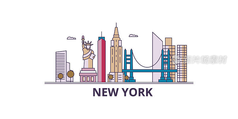 美国纽约旅游地标，矢量城市旅游插画