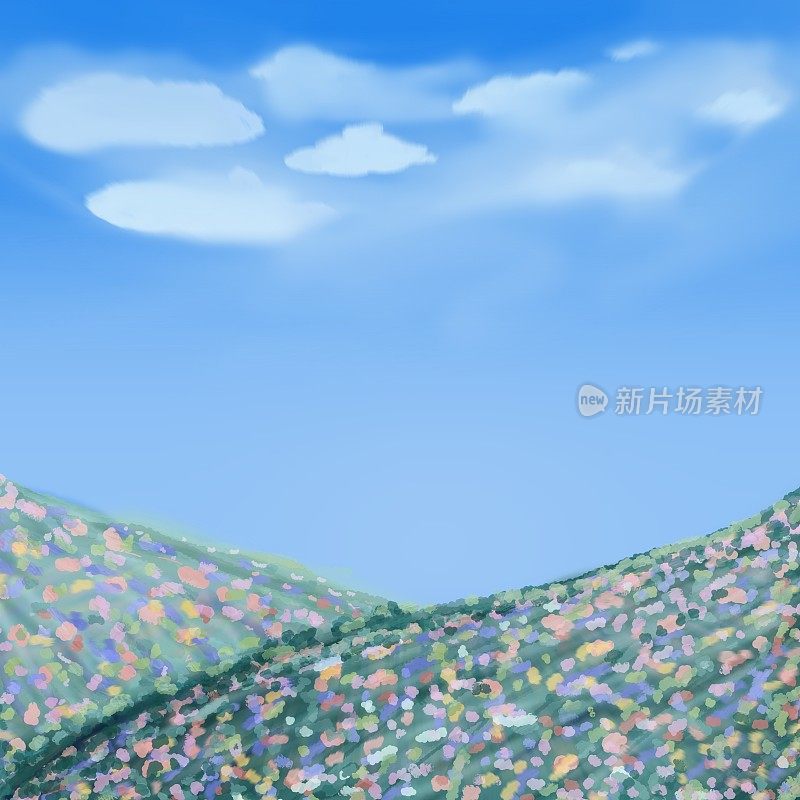 以蓝天为背景，花山云海的风景画。