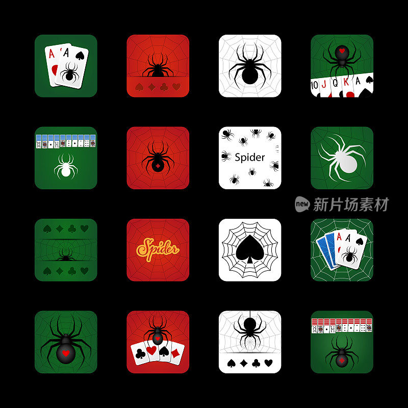 蜘蛛纸牌游戏图标。游戏图标包。矢量集的标志和资产rpg电脑或手机游戏。