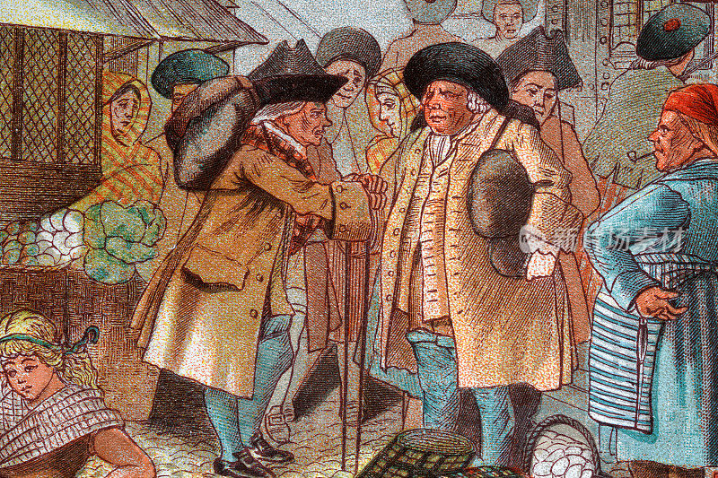 一群人在集市上聚会，苏格兰18世纪风格