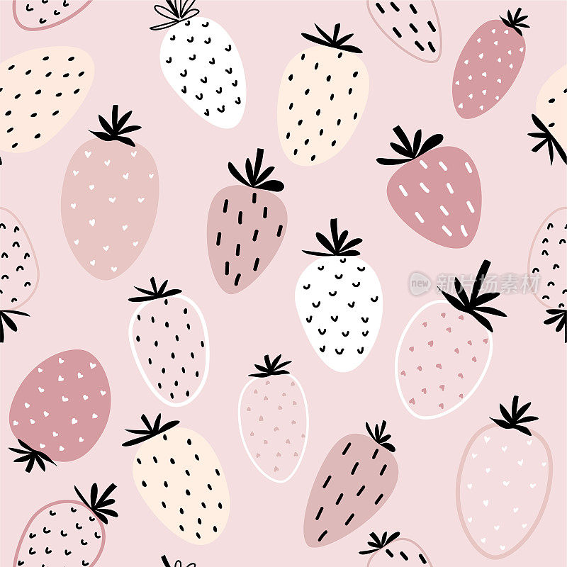 无缝矢量图案与可爱的彩色草莓在粉红色的背景在平面风格。适合印刷，包装纸，壁纸，织物，设计。