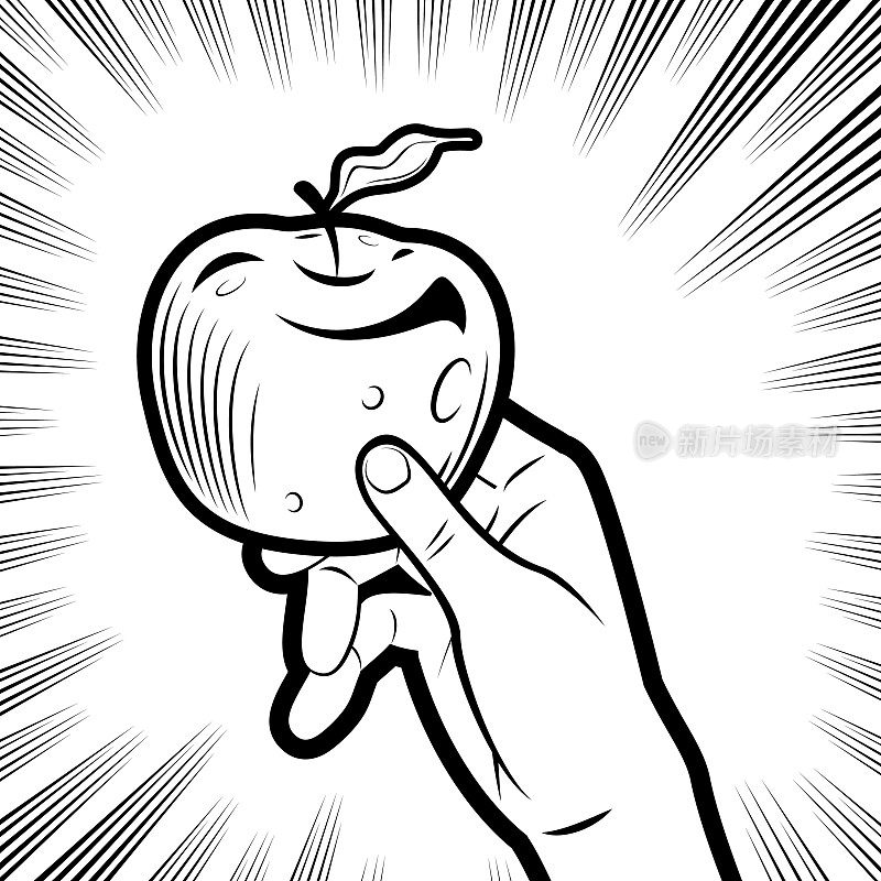 一只手拿着苹果在背景中放射漫画速度线