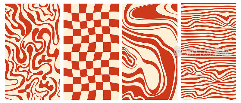 Groovy嬉皮士70年代矢量背景集。棋盘和扭曲的图案。背景在时尚复古的梦幻风格。扭曲和扭曲的矢量纹理在时尚的复古迷幻风格。