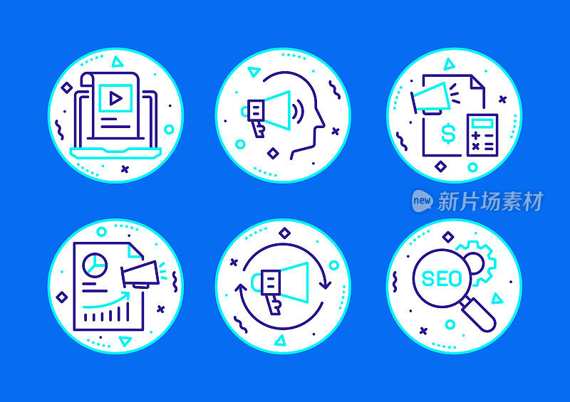 营销相关的矢量线图标。轮廓符号集合