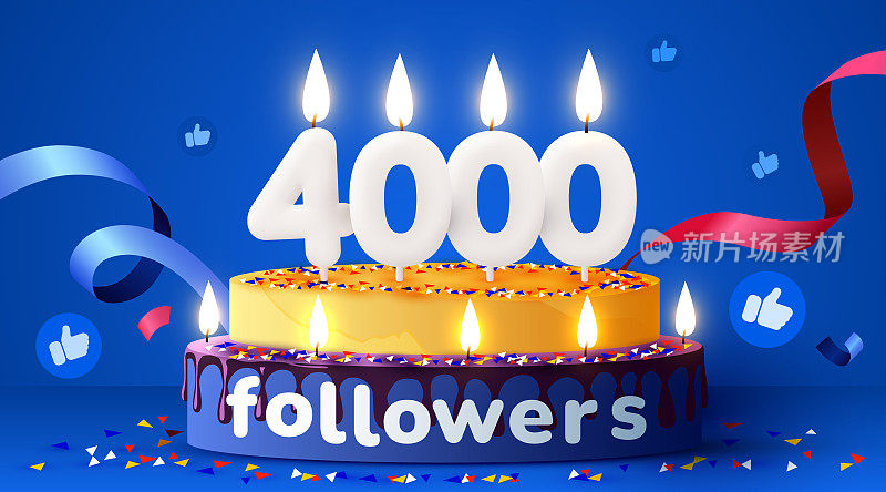 4k或4000个粉丝，谢谢。社交网络的朋友，追随者，订阅者和喜欢。有蜡烛的生日蛋糕。