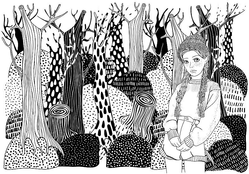 成人黑白着色书。森林里的长发女孩。树木和山景。缓解焦虑。向量。
