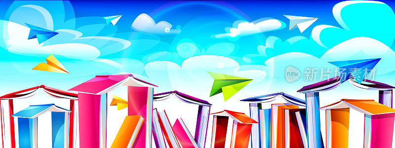 以卡通风格的学校教育理念。课本上的房子和书本上的纸飞机映衬着晴朗的天空。创意横幅或模板。