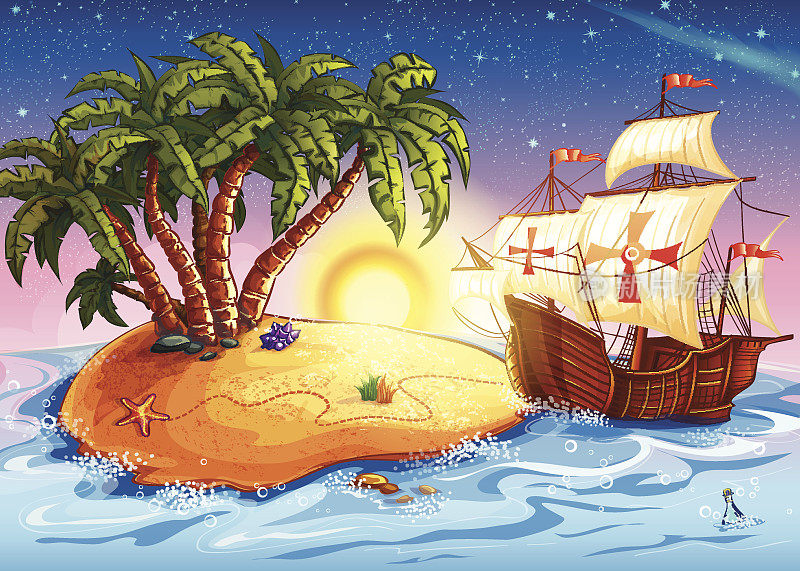 岛上与探险船的插图