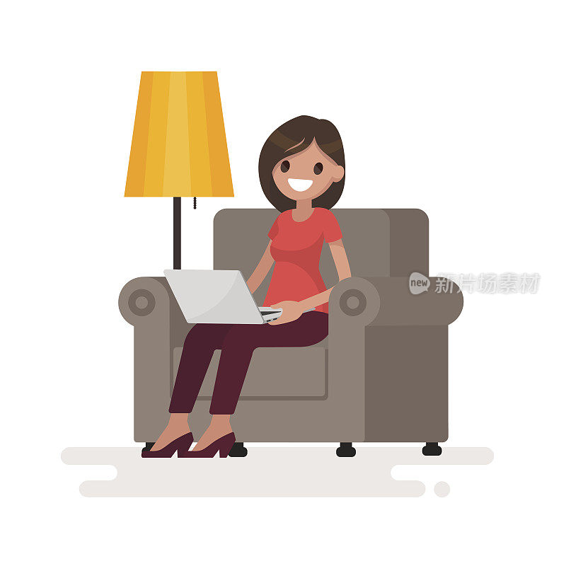 坐在椅子上拿着笔记本电脑的女人。通过互联网在家工作。矢量图