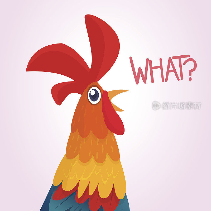 卡通公鸡与明亮的羽毛在尾巴和一个红色的冠。矢量插图。设计印刷，贴纸，横幅