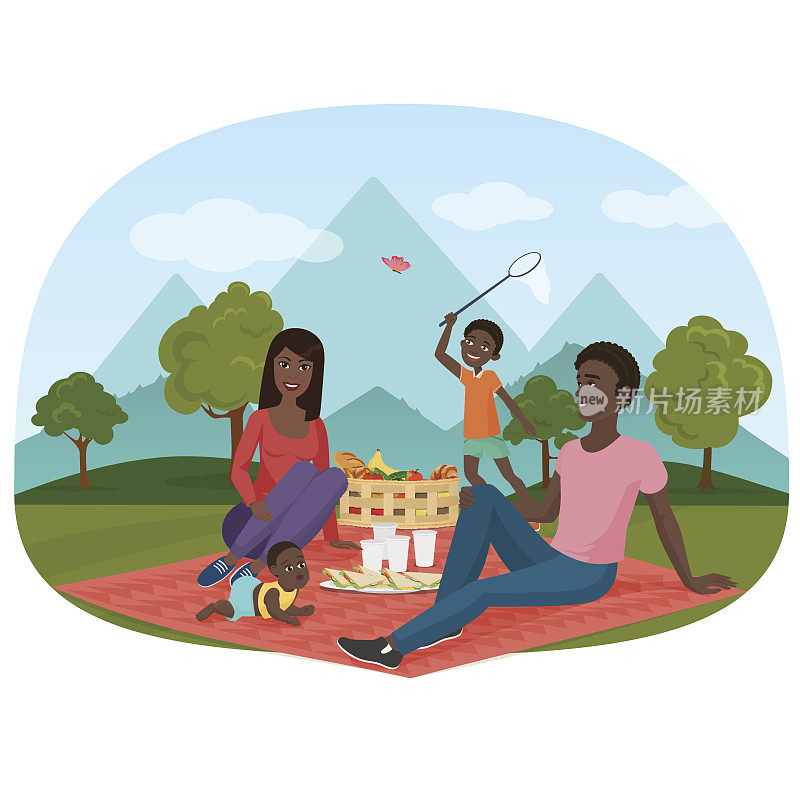 矢量插图的快乐的非洲家庭在野餐外面。黑人家庭在山区附近露营。