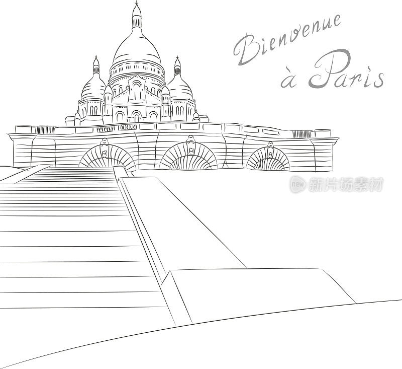 矢量素描的城市景观与圣心在巴黎