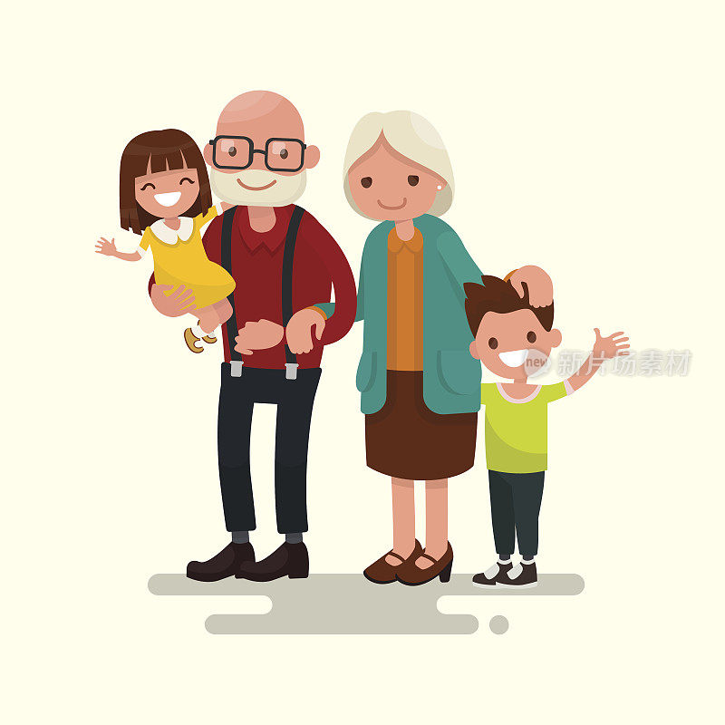 祖父母和他们的孙子孙女。矢量图