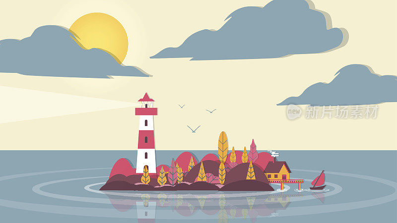剪纸风格贴花灯塔在小岛与房子和树-矢量插图