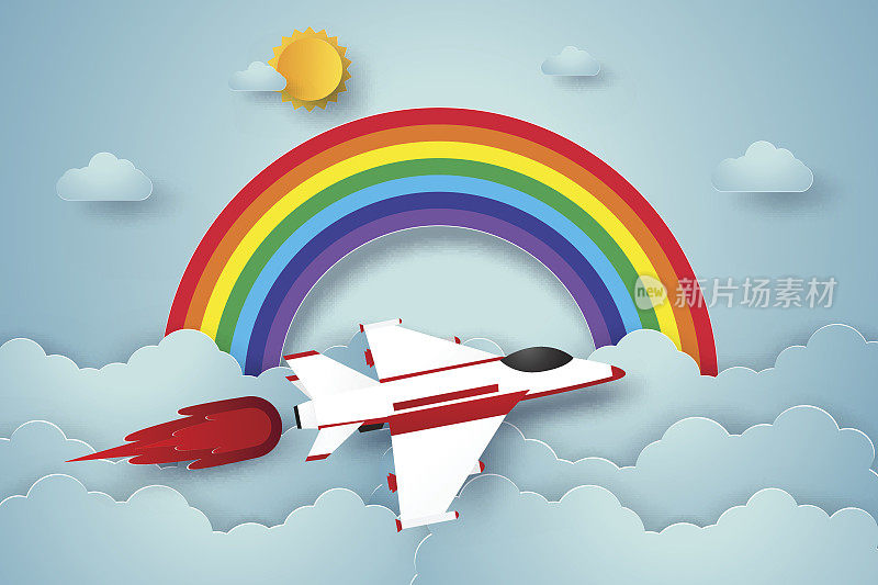 飞机在蓝天上飞行，有彩虹